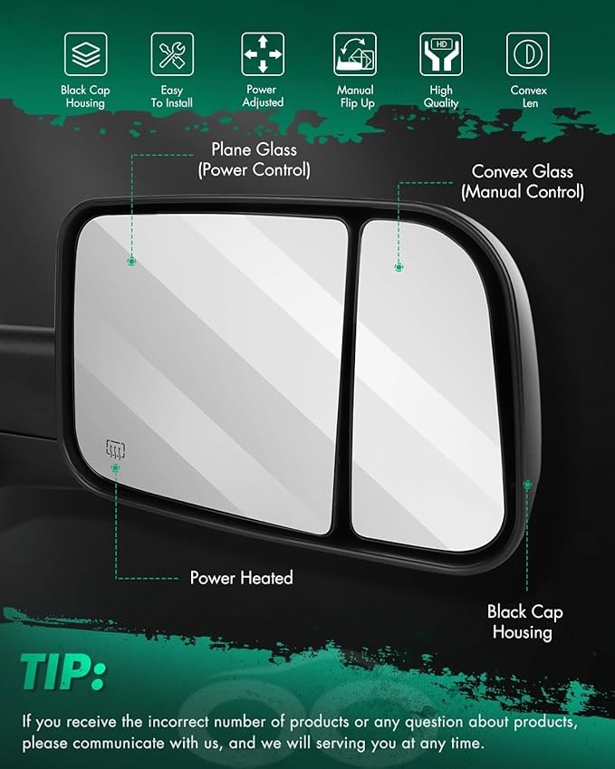 SCITOO Compatible fit for Towing Mirrors 2002-2008 for Dodge for Ram 1500 2003-2009 for Dodge for Ram 2500 3500 Pickup Power Heated Passenger Driver Side View Pair Mirrors