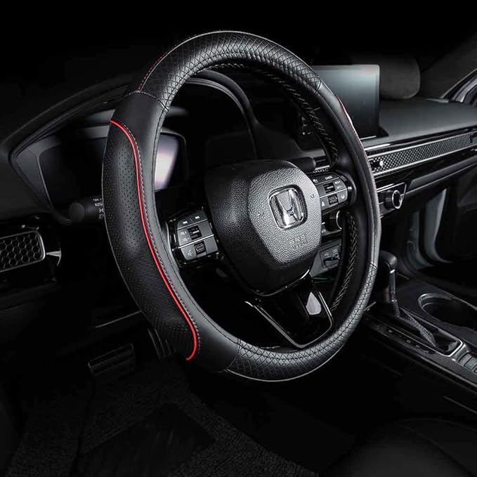EKR Universal 15 inch Leather Steering Wheel Cover - Genuine Leather, Breathable, Anti Slip & Odor Free (Black with Red Lines, M(14" 1/2-15" 1/4))