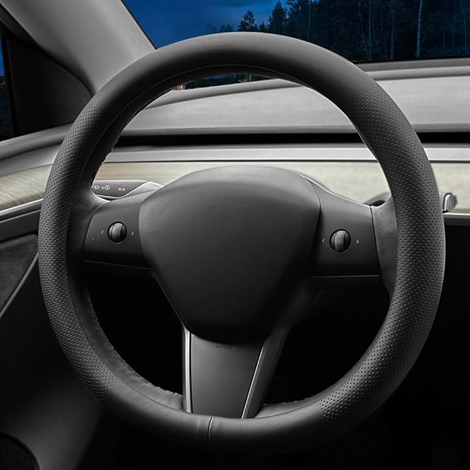 LKWLIKEI Nappa Leather Ultra-Thin Steering Wheel Cover, for Tesla Model 3/Y Steering Wheel Cover, Non-Slip Design and Interio