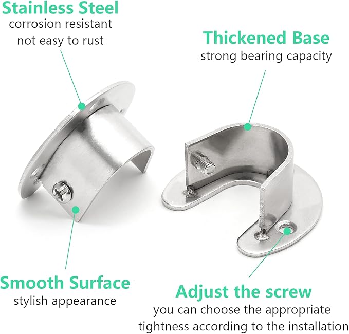 8 Packs Stainless Steel Closet Rod End Supports 1 Inch Wardrobe Bracket Heavy Duty Closet Pole Sockets Flange Rod Holder, U-S