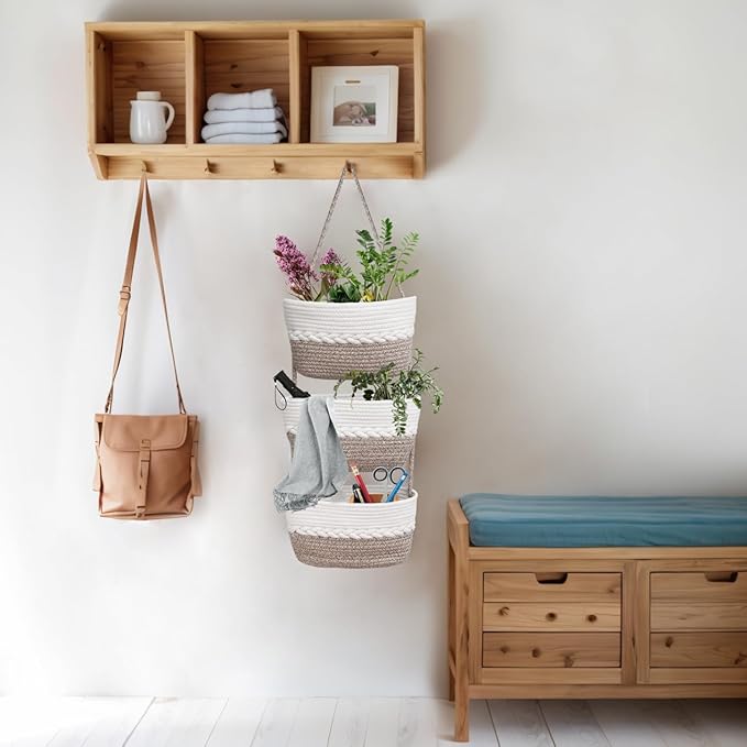 Over the Door Hanging Basket for Organizing 3 Tiers Woven Cotton Rope Wall Mount Storage basket Decorative Kitchen Hanging Or