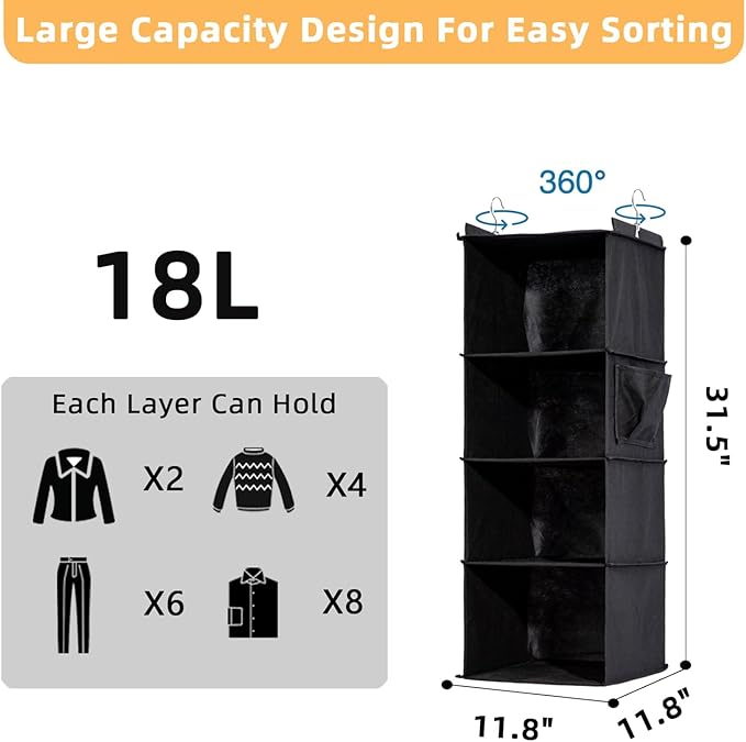 2 Packs Hanging Closet Organizer, 4-Shelf Closet Organizers and Storage with Side Pockets, Collapsible Hanging Shelves for Cl