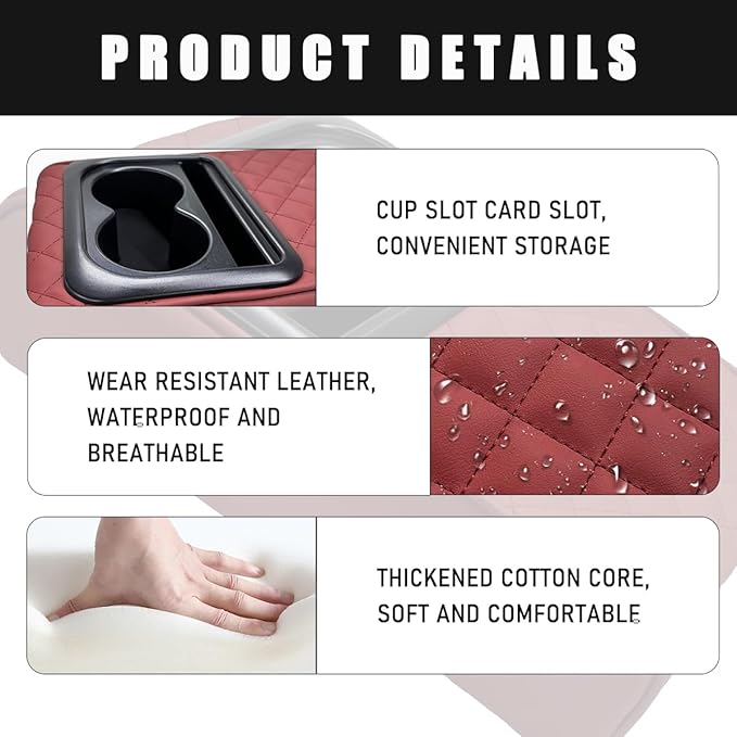 Car Center Console Armrest Pillow, Waterproof Car Armrest Cover Cushion with Cup and Phone Holder, Memory Foam Arm Rest Box Protector for Most Vehicles, Car Accessories (Wine Red)