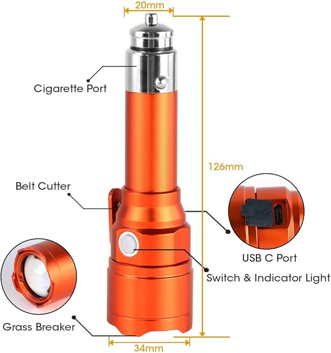 Small RGBW Flashlight Rechargeable with 12 Volt Car Cigarette Lighter & USB C for Auto Vehicles Emergency, Car Escape, Outdoo