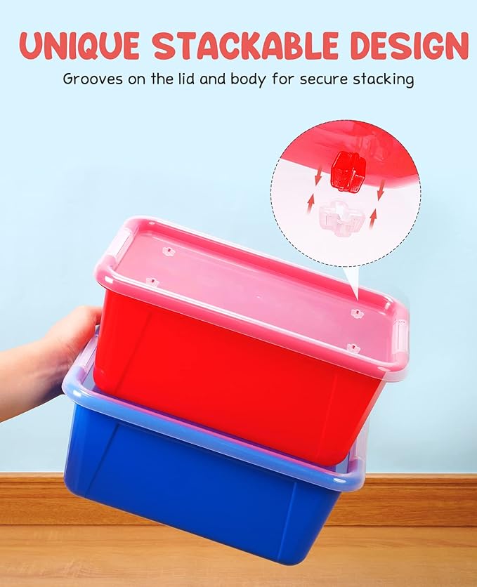 GAMENOTE 6 Quart Storage Bins with Lids,12 Pack Rainbow Plastic Latching Box for Classroom&Kids Toy Storage Opaque Stackable 