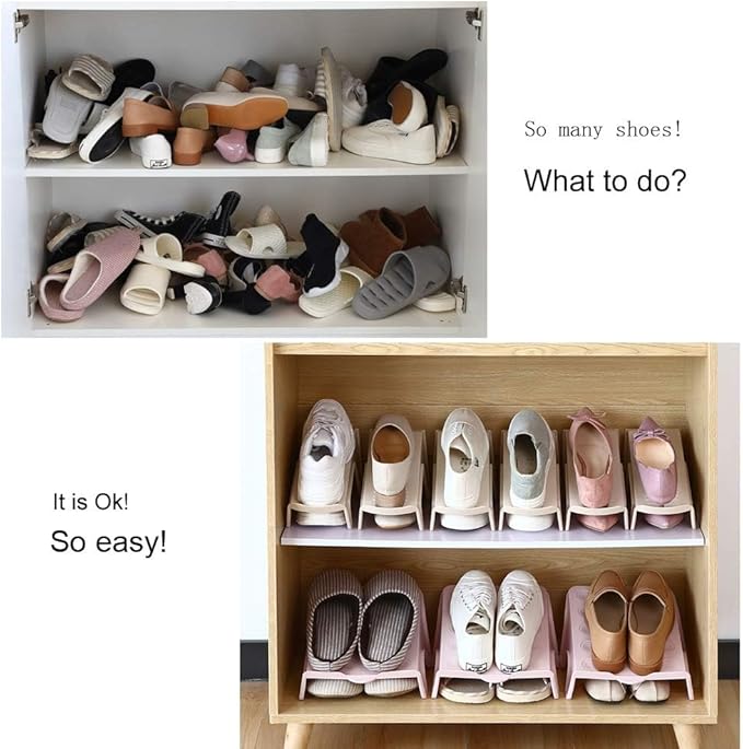 4 Pcs Stacking Shoe Organizer for Shelf 10 x 8.7 in – Double Layer Space Saving Shoe Dividers for Shelves – Footwear Riser fo