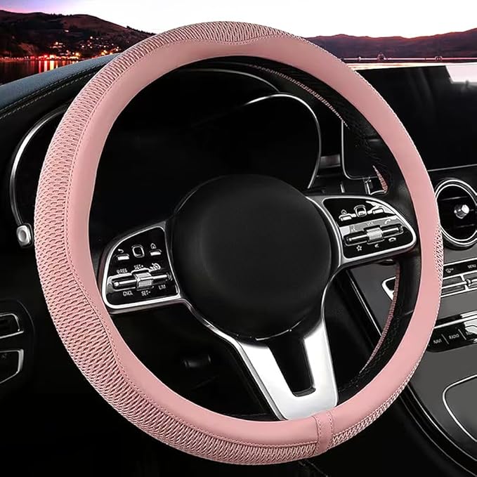 LKWLIKEI Car Steering Wheel Cover, Universal 15 inch, The Latest Microfiber Leather Breathable Technology Fabric, Non-Slip, C