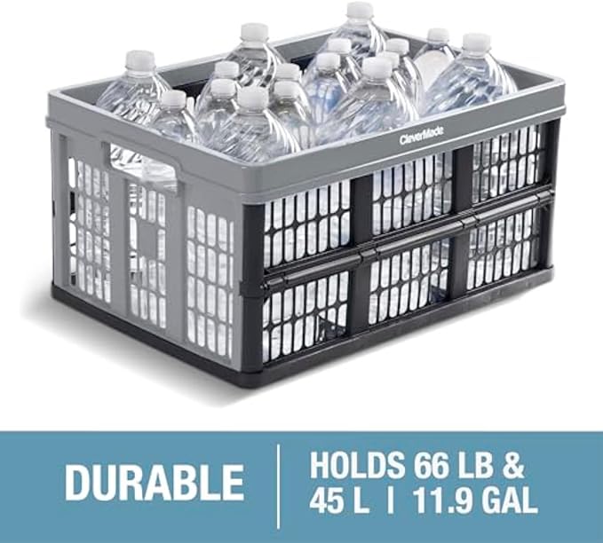 CleverMade Collapsible Utility Crates 45L (3 Pack) – Foldable Plastic Crates with Heavy Duty 66 lb Capacity, Collapsible Crat