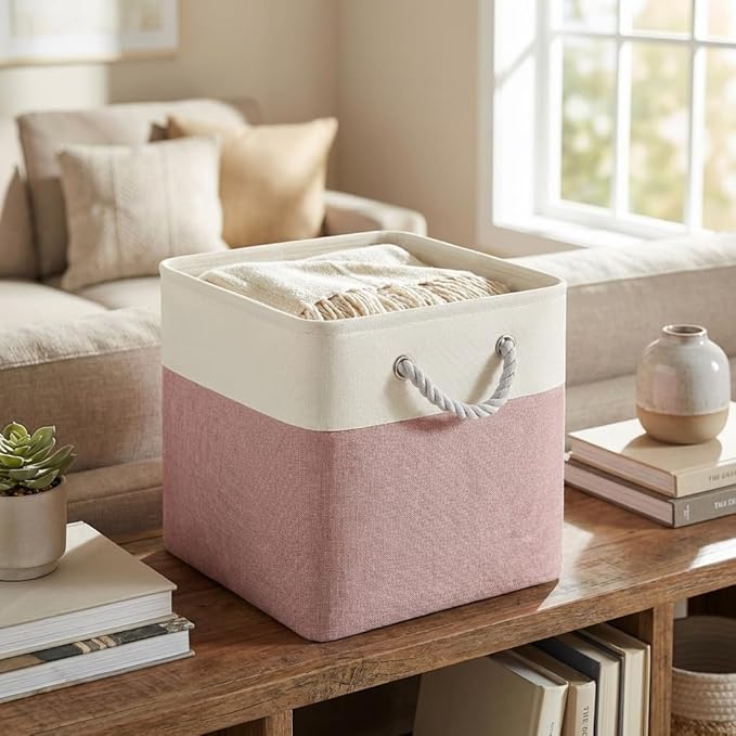 FinishingBo Cube Storage Bins, 6 Pack 11x11 inch with Cotton Handles for Closet, Shelves, Clothes, Towel (White/Pink)