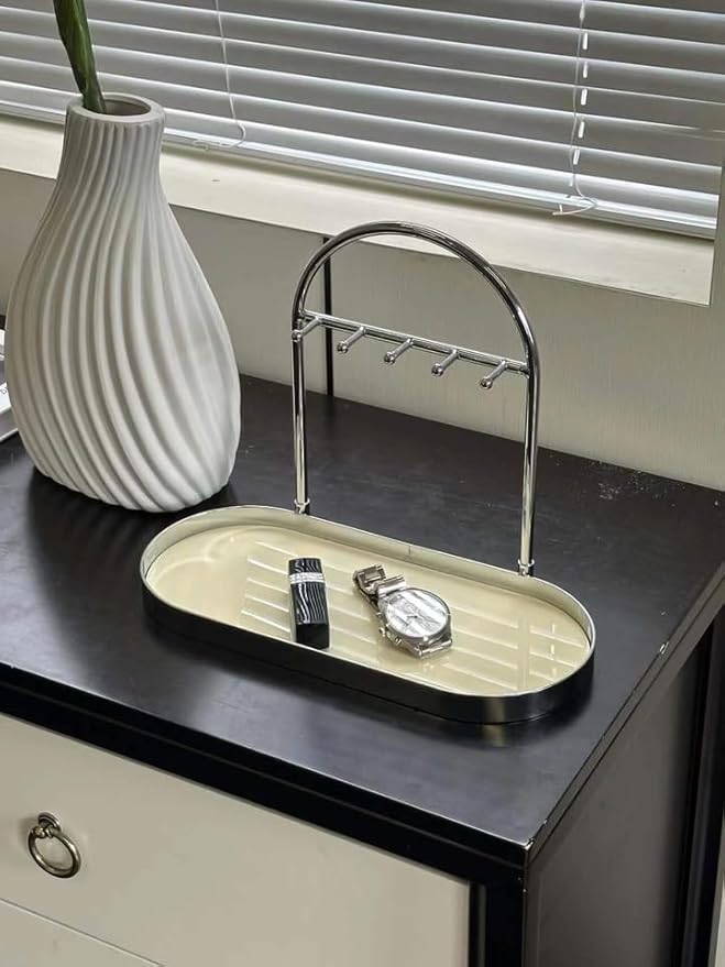 Shinpuru Metal Jewelry Organizer Stand & Key Holder Tray with Acrylic Base, Key Stand and Jewelry Tray with 5 Hooks, Perfect 