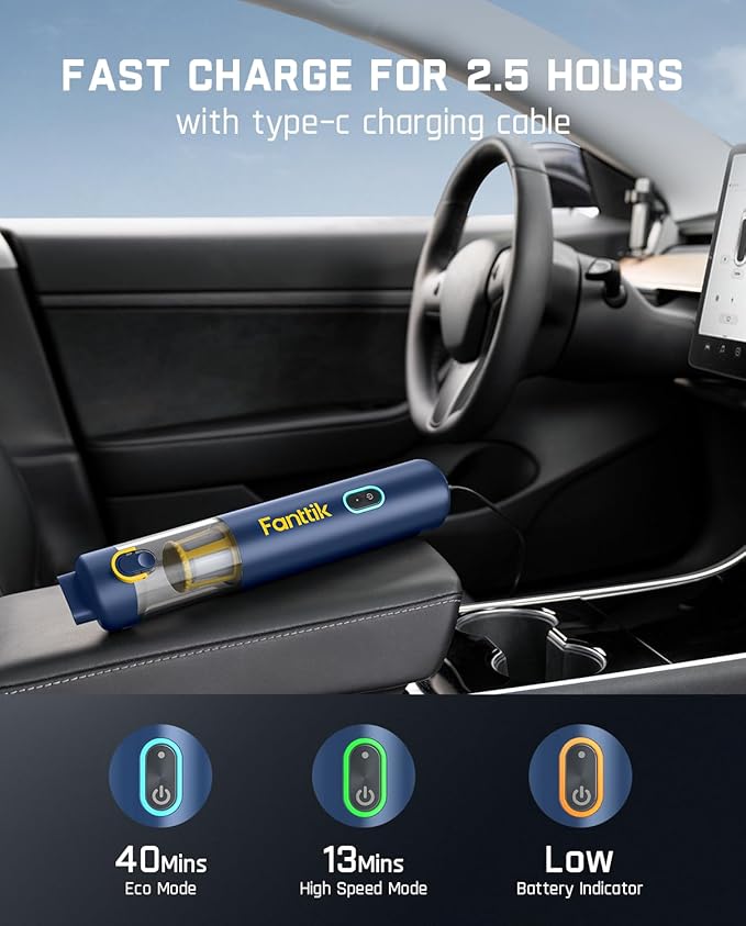 Fanttik Slim V8 APEX Car Vacuum, 4-in-1 Portable Mini Cordless Vacuum with 19000pa Suction Power, Type-C Charge, 2 Suction Mo