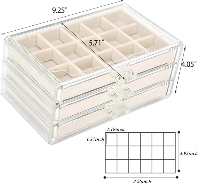 YUFONG Earring Organizer Box Acrylic Jewelry Organizer with 3 Drawers 54 Adjustable Grids Clear Stackable Earring Holder Velv