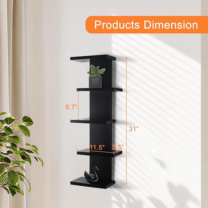 5 Tier Wall Shelf Unit-Black Floating Shelves for Home Decor, Modern Unique Asymmetric Design for Bedroom & Living Room Stora