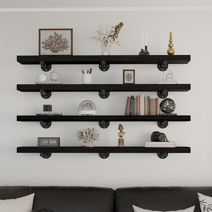 Industrial Pipe Wall Wood Shelves,Real Wooden Shelves 48" Modern Floating Shevles for Wall Bookshelf Shelving Units for Rusti
