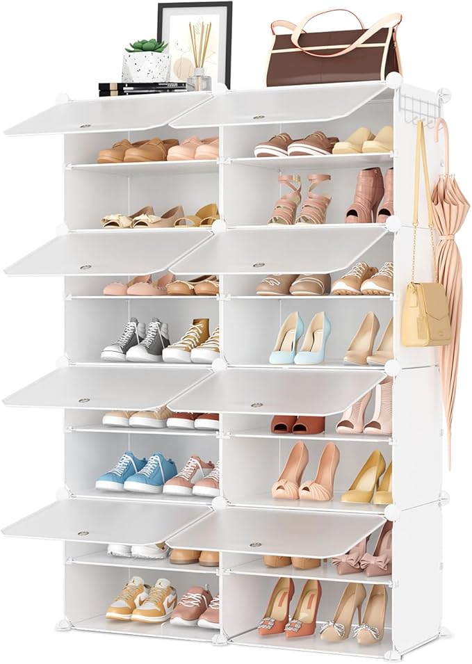 Shoe Rack 8 Tier Shoe Storage Cabinet with Door 32 Pair Tall Shoes Rack Organizer Free Standing Expandable Stable Plastic Eas