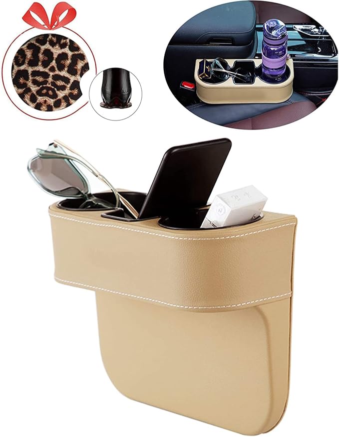 Car Seat Organizer Cup Drink Holders,Multifunctional Gap Filler Storage Box,Insert Organization Helps Reduce Distracted Driving&Holds Phone Mount Mug Bottle Cellphone Coaster Wallet Card (XBD-Beige)