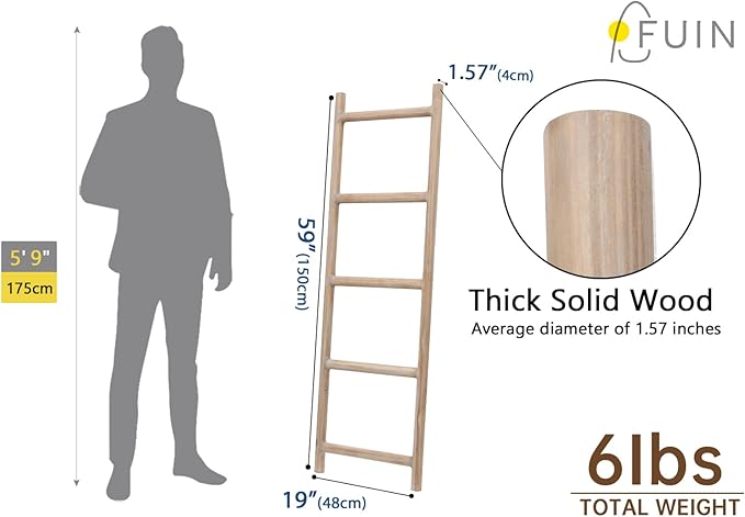 FUIN Fully Assembled 5ft Wood Blanket Ladder Living Room Decorative Wall Leaning Farmhouse Quilt Display Holder Rustic Wooden