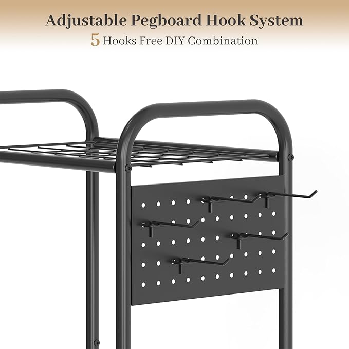Garden Tool Organizer, Garage Tool Storage Rack, Heavy Duty Metal with Side Pegboard & Adjustable Hooks, Utility Racks for Sh