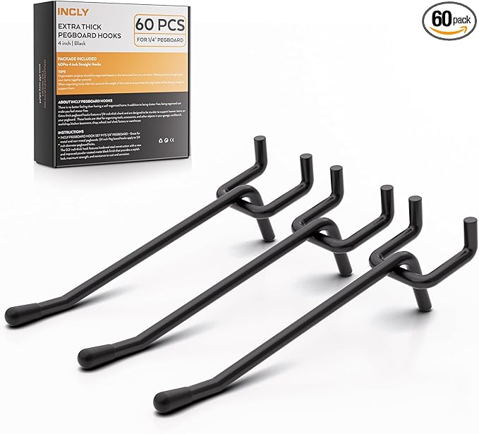 INCLY 60 Pack 4 Inch Black Pegboard Hooks, 1/4" Heavy Duty Peg Board Shelving Hooks Accessories, Peg Board Tool Hangers Only 