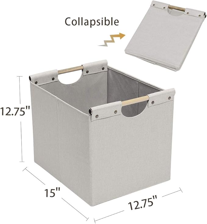 HOONEX Large Foldable Storage Bins, Linen Fabric, 2 Pack, with Wooden Carry Handles and Sturdy Heavy Cardboard, for Home, Off