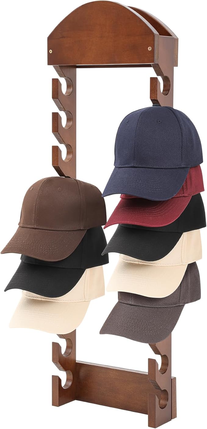 Wonderjune Wooden Hat Racks for Baseball Caps, Wall Mounted Baseball Cap Display Racks, Vertical Hat Storage Organizer, Doubl