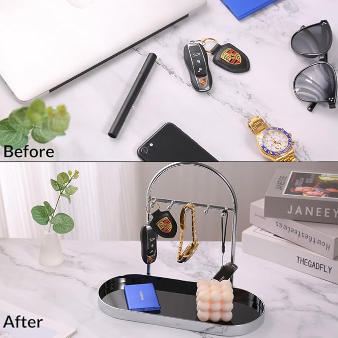 Shinpuru Metal Jewelry Organizer Stand & Key Holder Tray with Acrylic Base, Key Stand and Jewelry Tray with 5 Hooks, Perfect 