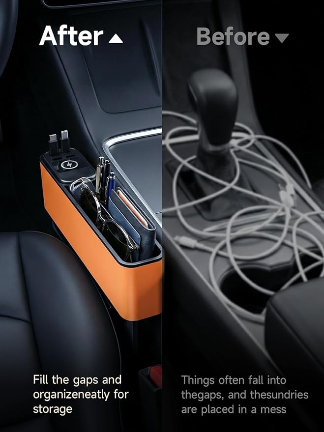 Elecshion Car Seat Gap Filler Organizer with 69W Retractable Car Charger, 2 USB Ports and 2 Charging Cable Car Seat Organizer, Seat Gap Storage Box for Sedans SUV Truck, Car Interior Accessories