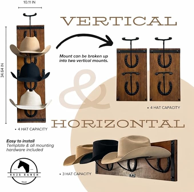 Cowboy Hat Rack For Wall Mount (34.6” x 10.1” x 13.5”) | Wood Cowboy Hat Holder | Hanging Western Hat Rack w/Metal Accents | 