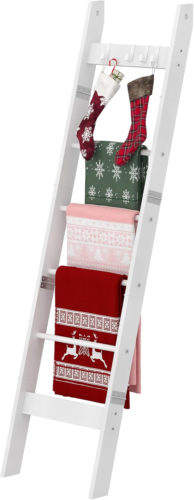 Hzuaneri Blanket Ladder for Living Room, Decorative Quilt Rack with 4 Removable Hooks, 6-Tier Farmhouse Ladder Holder Shelf O