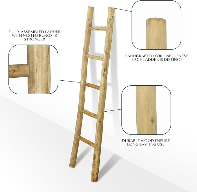 Fully Assembled Wood Ladder for Blankets, 5-Layer Structure Towel Rack, Farmhouse Style, Durable and Convenient Throw Blanket