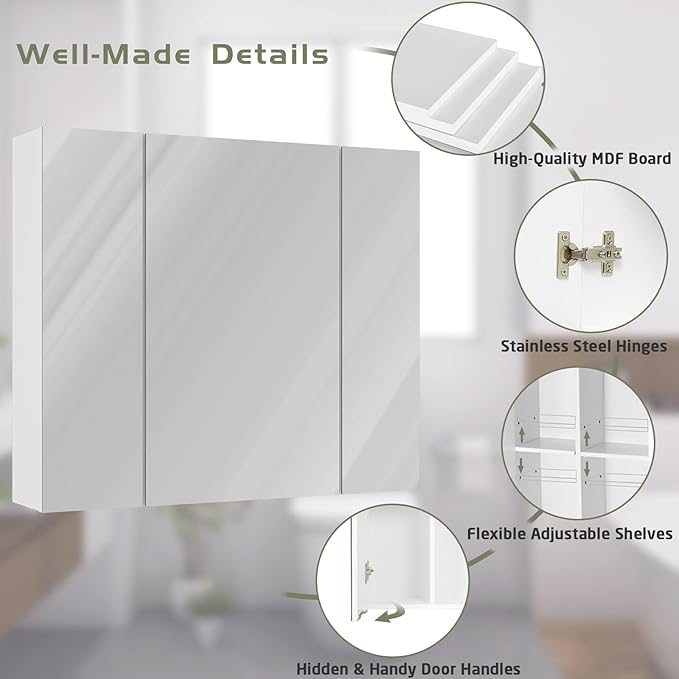 DICTAC Medicine Cabinet with Mirror & Storage - 27.6x23.6in Wall Mounted Cabinet with 3 Doors & Adjustable Shelves for Bathro