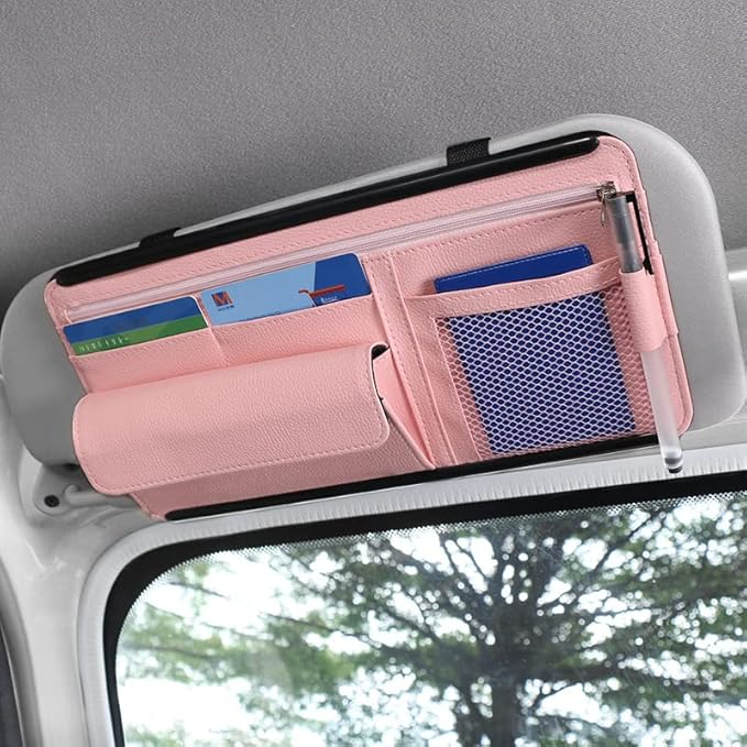JEYODA Car Sun Visor Organizer Auto Car Visor Pocket and Interior Accessories Car Storage Organizer with Multi-Pocket Net Zippers (Style 2-Pink) 1942