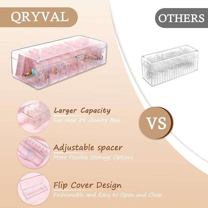 Jewelry Organizer and Storage Box with 24 EVA Anti Tarnish Bags, Travel Acrylic Case for Earrings, Necklaces & Rings, Elegant