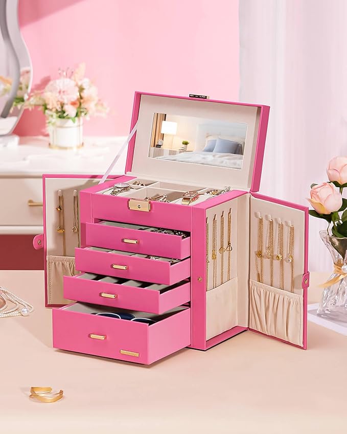 Homde Synthetic Leather Huge Jewelry Box Mirrored Watch Organizer Necklace Ring Earring Storage Lockable Gift Case (Pink + Go