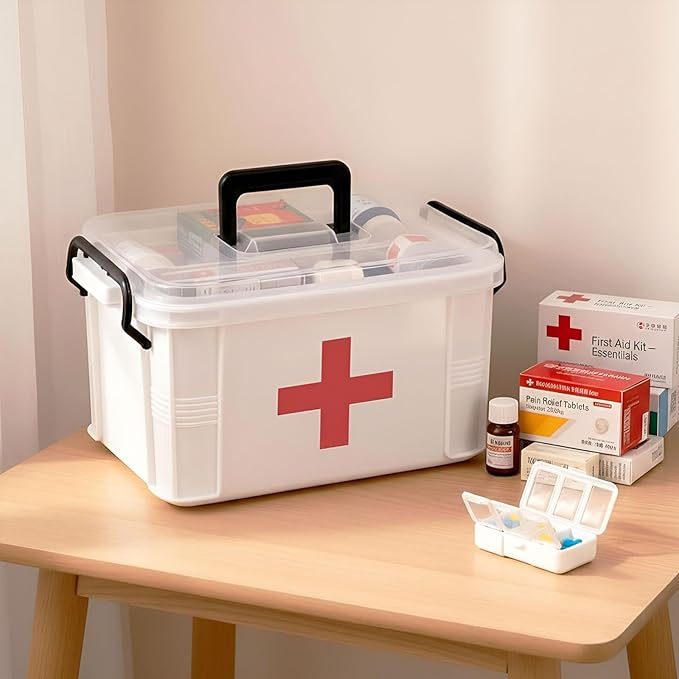 15QT Clear Medicine Organizer Box with Handle, Plastic Medicine Container with Tray First Aid Box Empty, Thickened Medicine S