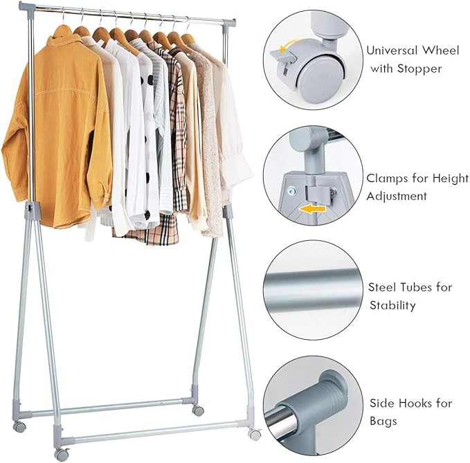 Nightcore Extendable Garment Rack, Heavy Duty Foldable Clothes Rail with Adjustable Hanging Rod & Rolling Casters, Movable Cl