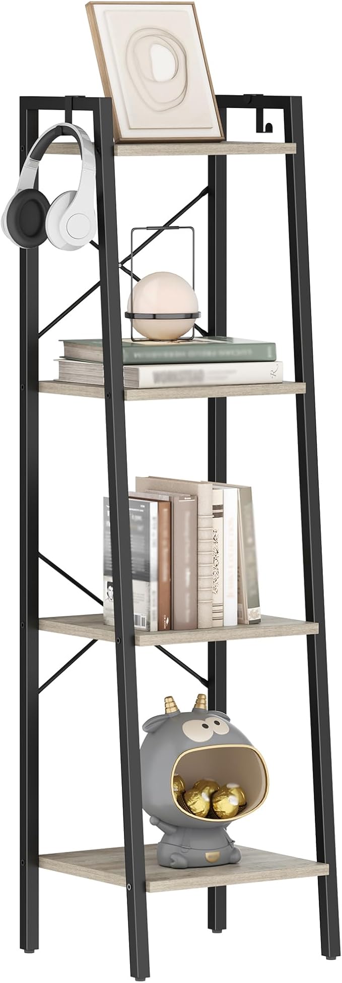 Hzuaneri Ladder Shelf, Bookshelf Bookcase, Freestanding Corner Storage Shelve with 2 Hooks for Home Office, Living Room, Kitc