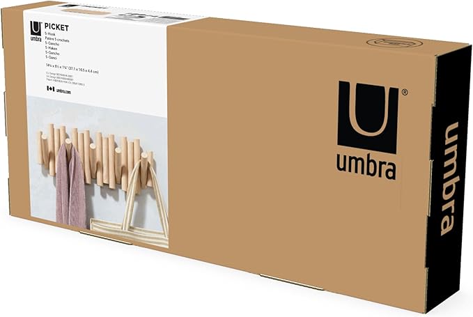 Umbra Picket Wall-Mounted Coat Rack Rail Hook with 5 Retractable Wood Pegs – Modern, Space-Saving Storage Organizer, Natural 