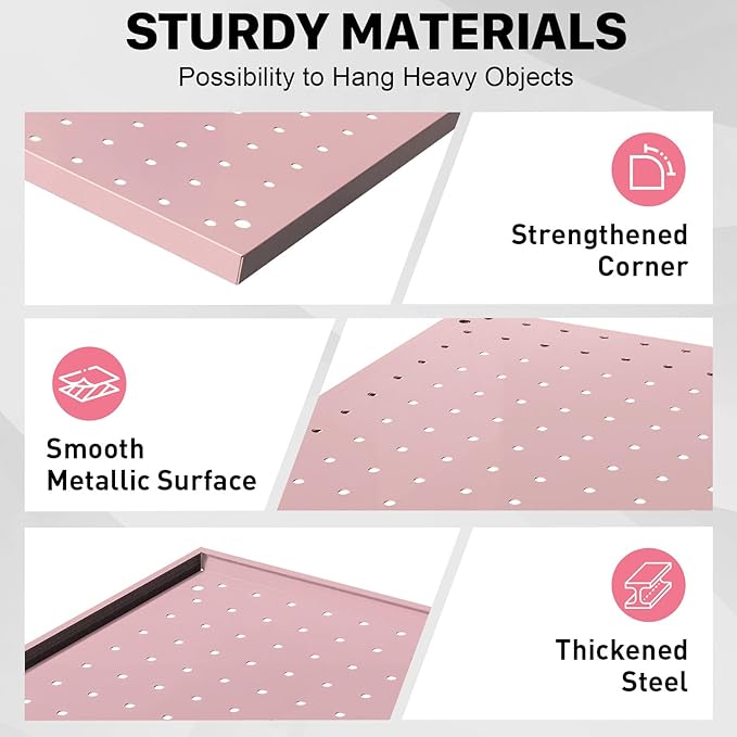 Peg Board, 4 Pack Metal Pegboard Panels Pink Pegboards Wall Organizer with Frame Large Heavy Duty Peg Board with Hooks for Wa
