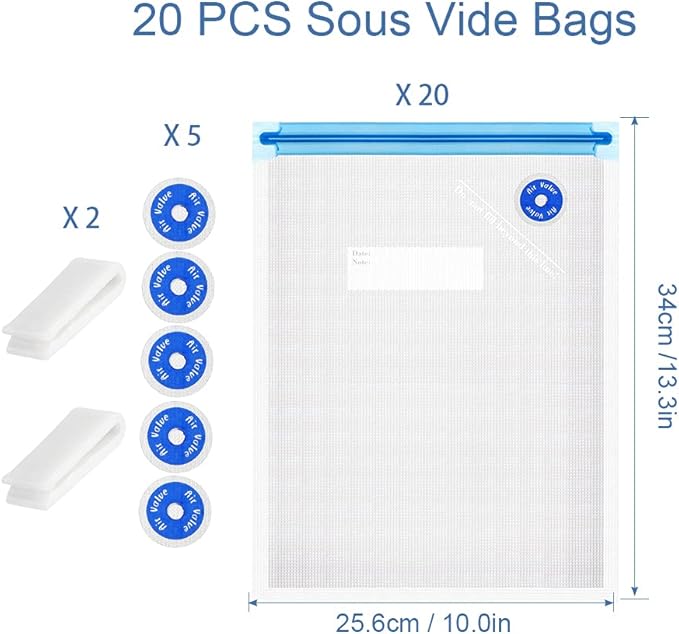 Sous Vide Bags Reusable 27Pcs, BPA Free Food Vacuum Sealer Bag, Food Storage Bags, Vacuum Zipper Bags for Sous Cooking - 20Pc