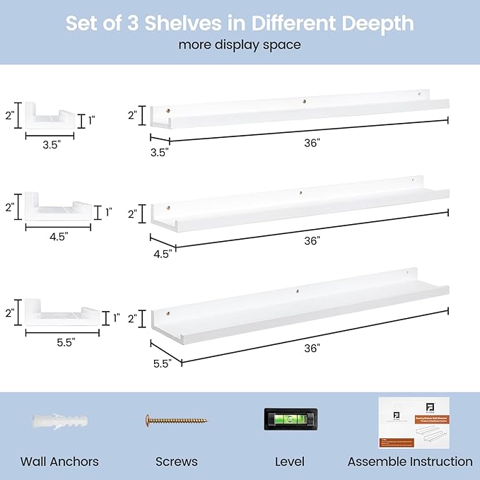 Picture Ledge Shelf for Wall, 36 inches Solid Pine Wood Nursery Book Shelves 3 Packs, Floating Ledge Shelves for Kids' Room B