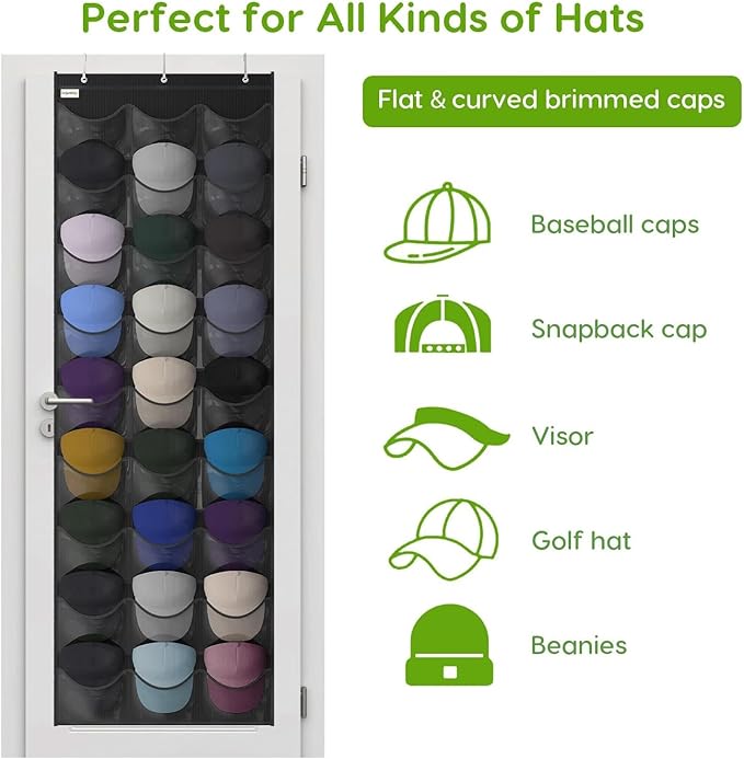Unjumbly Baseball Hat Rack, 27 Pocket Over-The-Door Hat Organizer with Clear Deep Pockets to Display Baseball Caps Collection