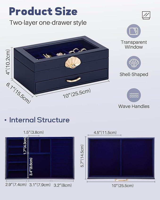 Enthralite Jewelry Box with 1 Drawers: Display Organizer for Earrings Necklaces - Gifts for Girls Women (Dark Blue)