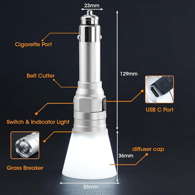 Small Flashlight Rechargeable with Diffuser 12 Volt Car Cigarette Lighter & USB C Charge for Auto Vehicles Emergency, Car Esc