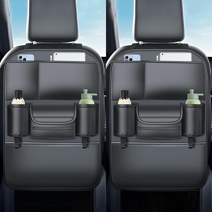 Backseat Car Organizer Leather Back of Seat Car Organizers for Drivers with Large Capacity 6 Storage Pockets Waterproof Kick Mats Seat Back Protector, 2 Pack