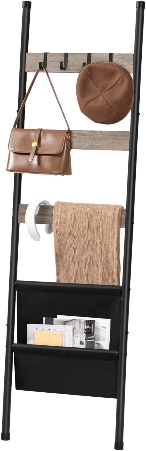 HOOBRO Blanket Ladder, 5 Tier Towel Rack, 17.3" L x 63" H, Wall-Leaning Blanket Rack for Living Room, Decorative Ladder with 