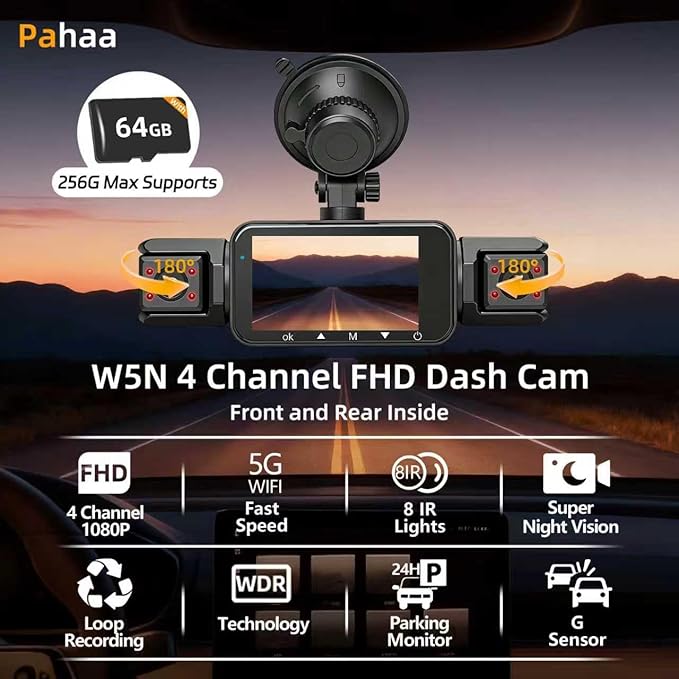4 Channel Dash Cam Front and Rear Cabin, 360° Dash Camera ，Night Vision 8 IR Lamps Dash Camera for Cars, 5G WiFi for Download