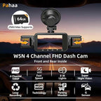 4 Channel Dash Cam Front and Rear Cabin, 360° Dash Camera ，Night Vision 8 IR Lamps Dash Camera for Cars, 5G WiFi for Download