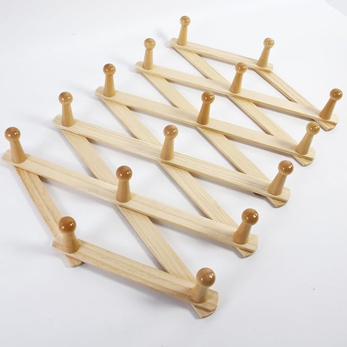 AMAPON Accordion Style Expandable Wall Wooden Coat Rack 16 Hooks (Pegs) Hang Hats Jackets Coffee Mug Purses Necklaces Towels 