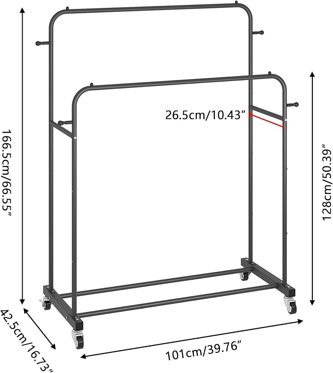 Laiensia Double Rods Garment Rack with Wheels, Clothing Rack for Hanging Clothes,4 Hooks, Multi-functional Bedroom Clothes Ra